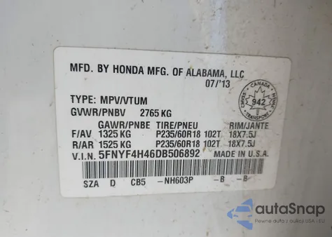 2013 Honda Pilot Ex из США, поврежденный, VIN 5FNYF4H46DB506892